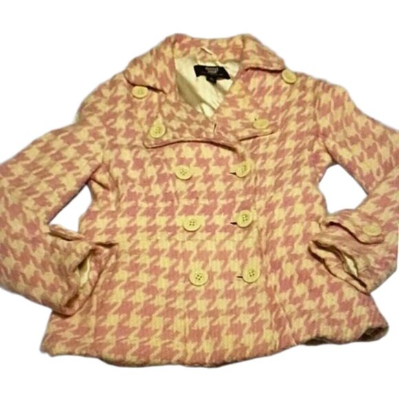 COFFEESHOP Pink Houndstooth Wool Pea Coat Retro Glam Twee Medium M - Picture 5 of 16
